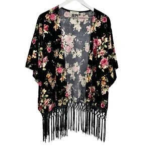 Bohemian Velvet Floral Kimono Coverup Fringe Trim Black Pink Size Medium
